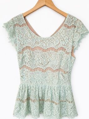 Anthropologie Maeve Lace Peplum Top Mint Green Size L Feminine Blouse